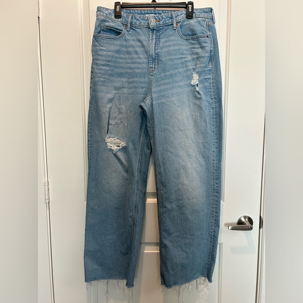 Old Navy Jeans Women 14 Sky-Hi Wide Leg Stretch Denim High Rise Raw Hem